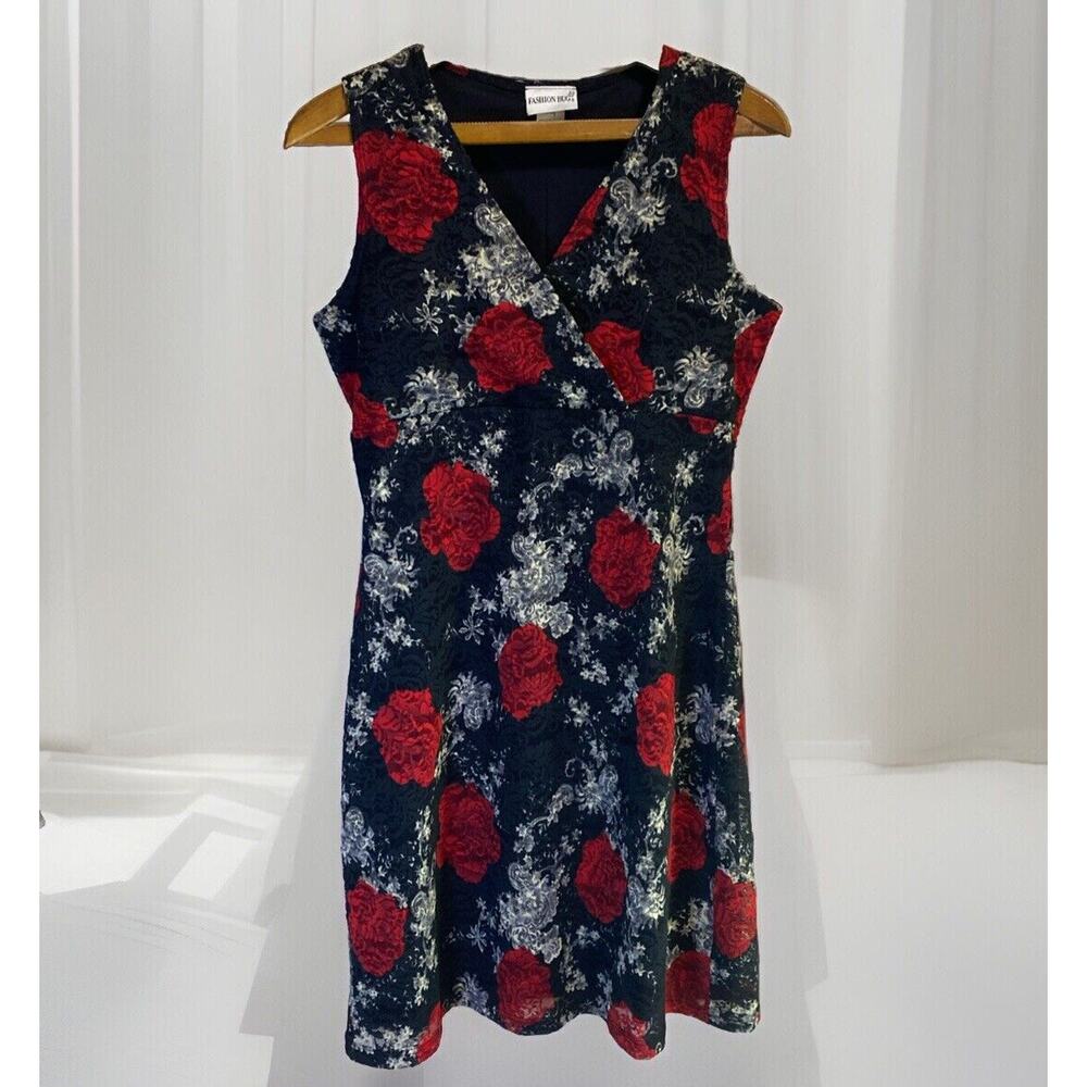 VTG Black Red Floral Mini Dress Medium Lace Faux Wrap Y2K Dark Fairy Whimsy Goth